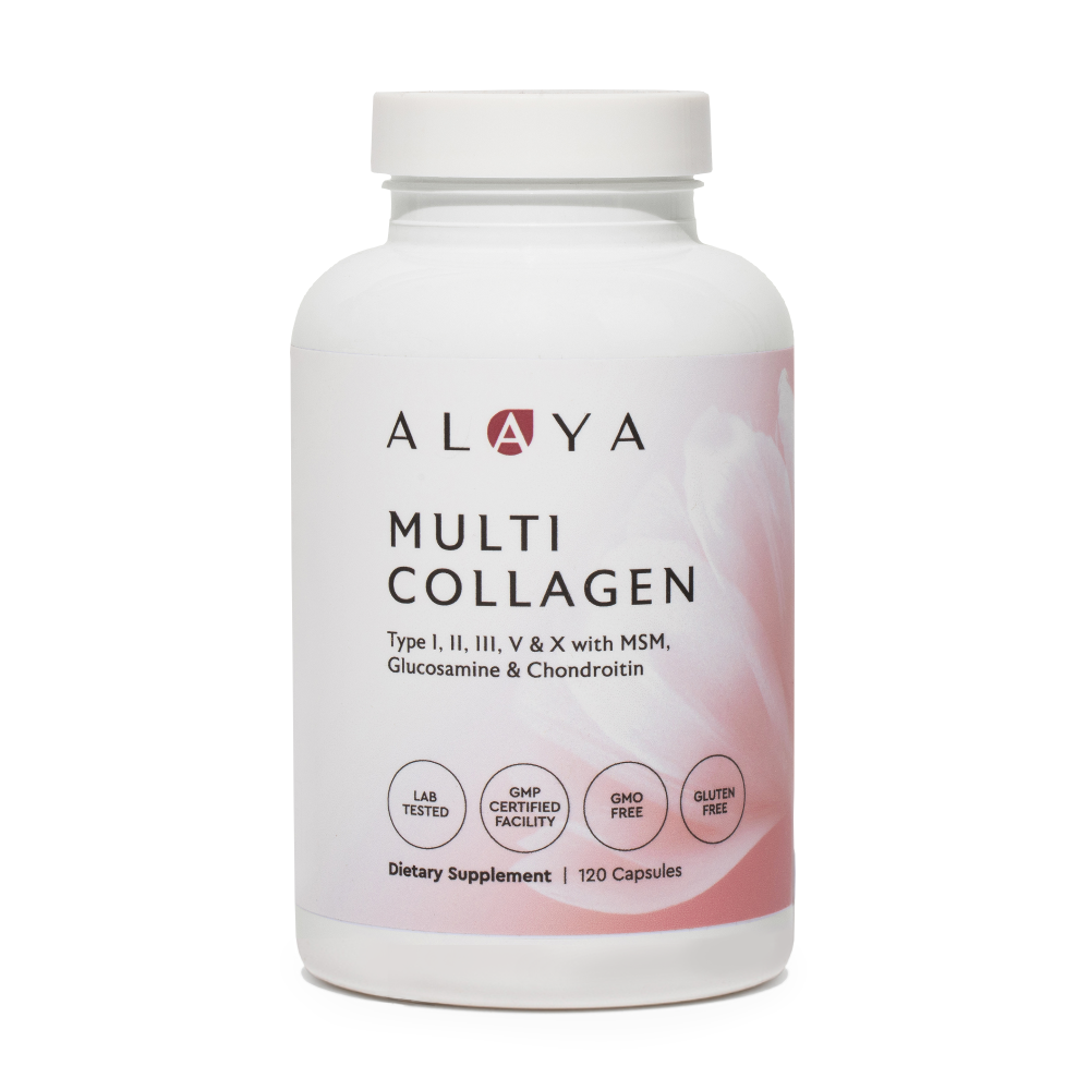 Alaya Multi Collagen Capsules supplement bottle on a white background #hide
