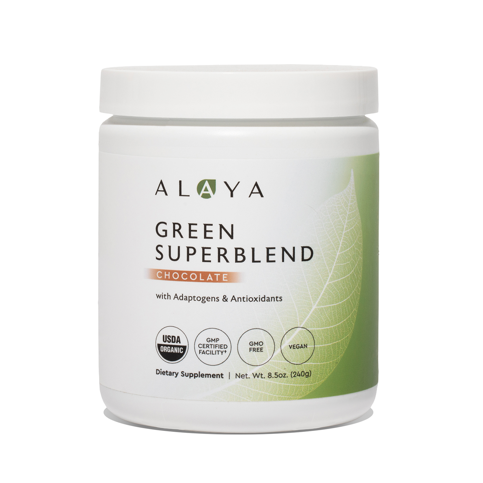Alaya Green Superblend Plain supplement bottle on a white background #flavor_chocolate