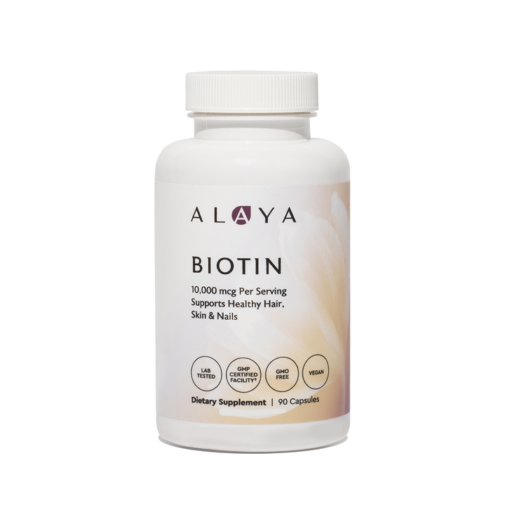 Alaya Biotin supplement bottle on a clear background #hide