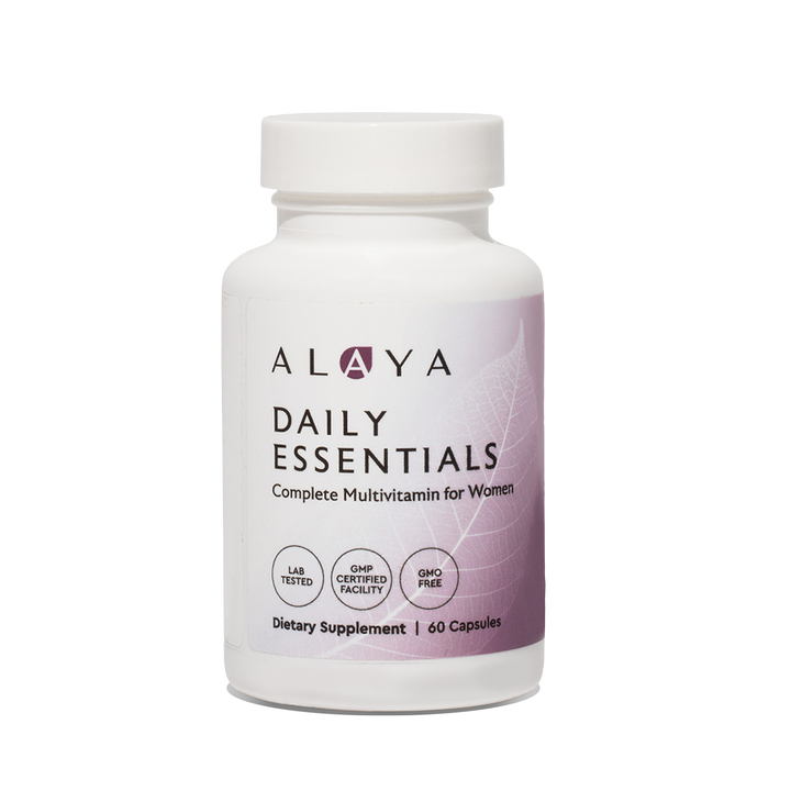 Alaya Daily Essentials supplement bottle on a clear background #hide