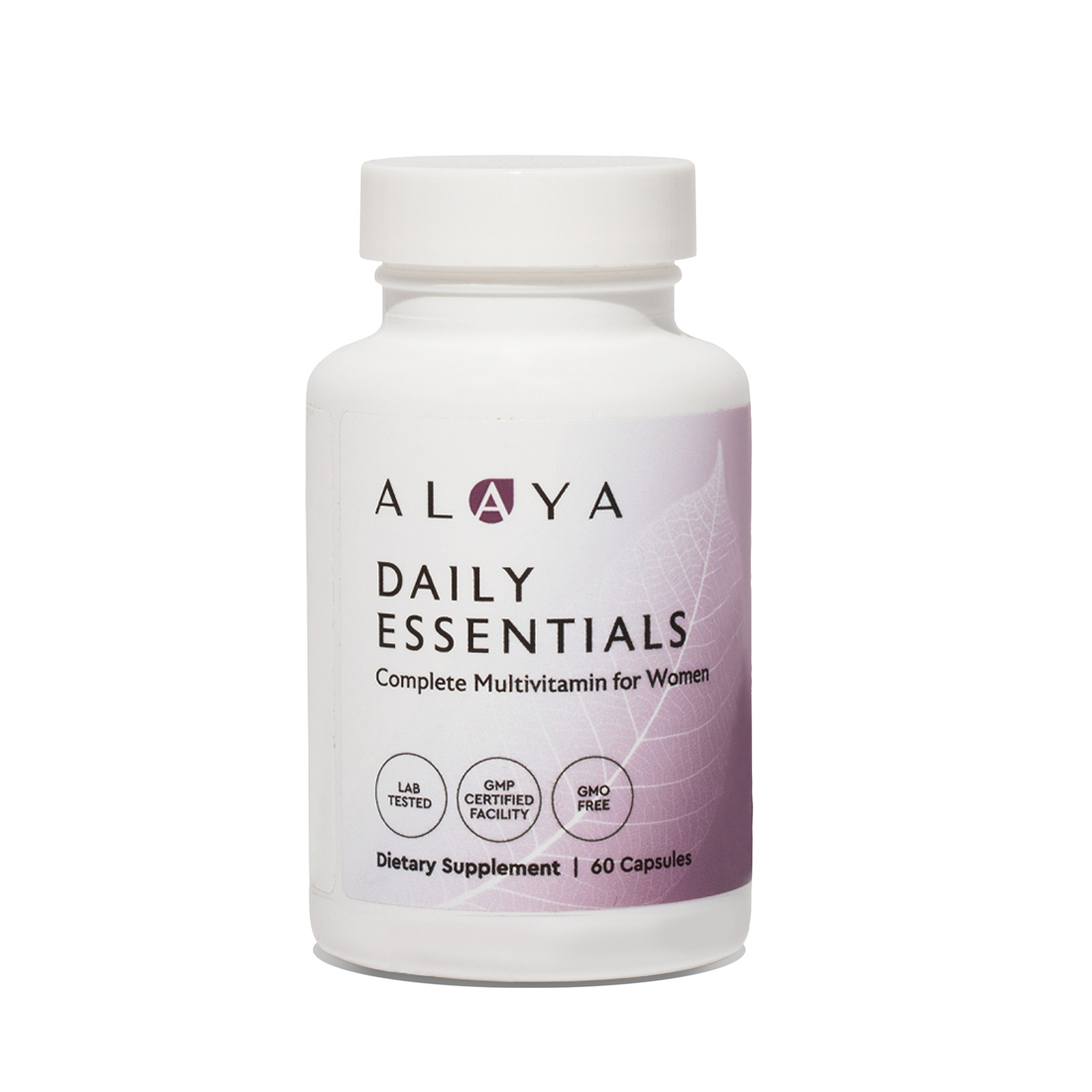 Alaya Daily Essentials supplement bottle on a clear background #hide
