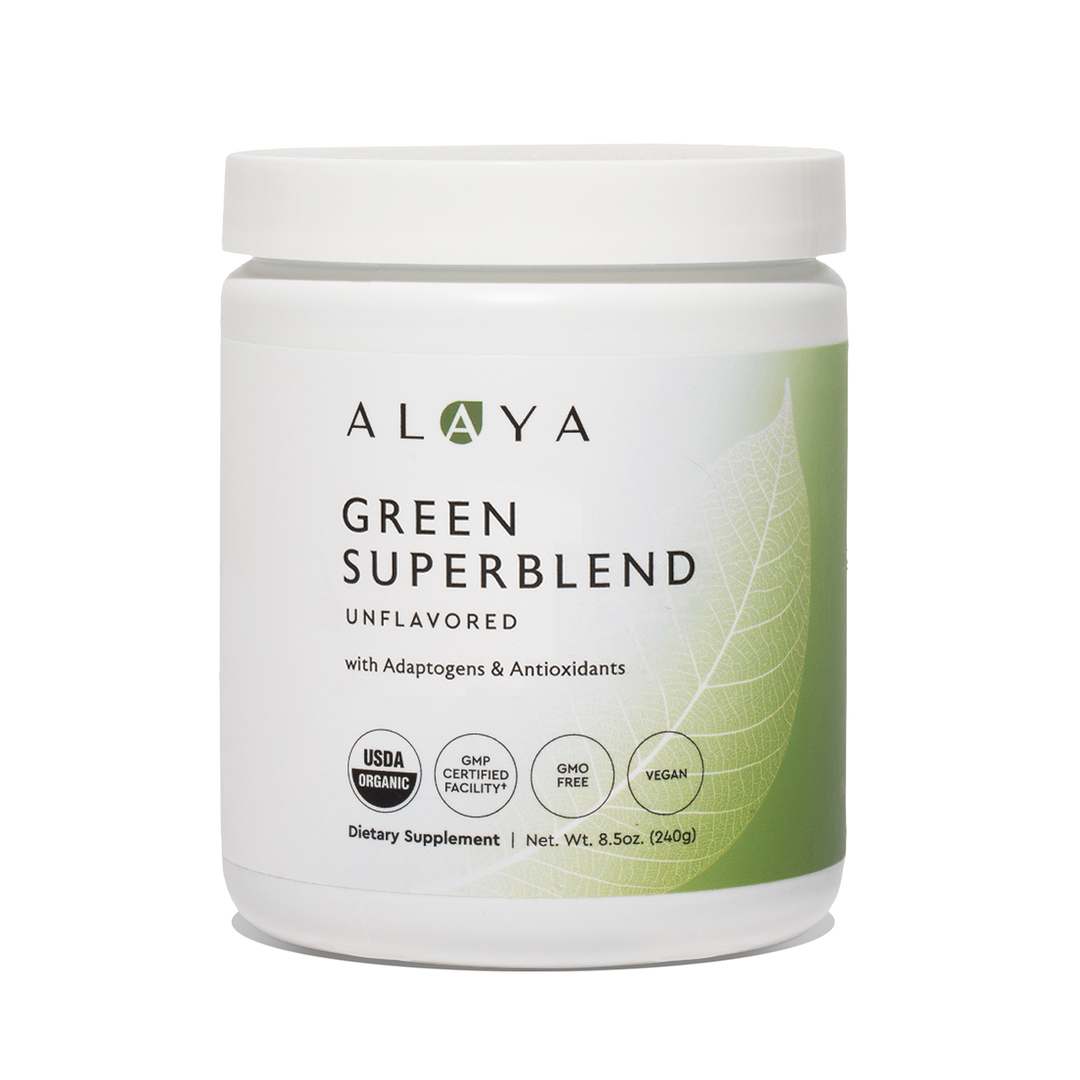 Alaya Green Superblend Plain supplement bottle on a white background #flavor_plain