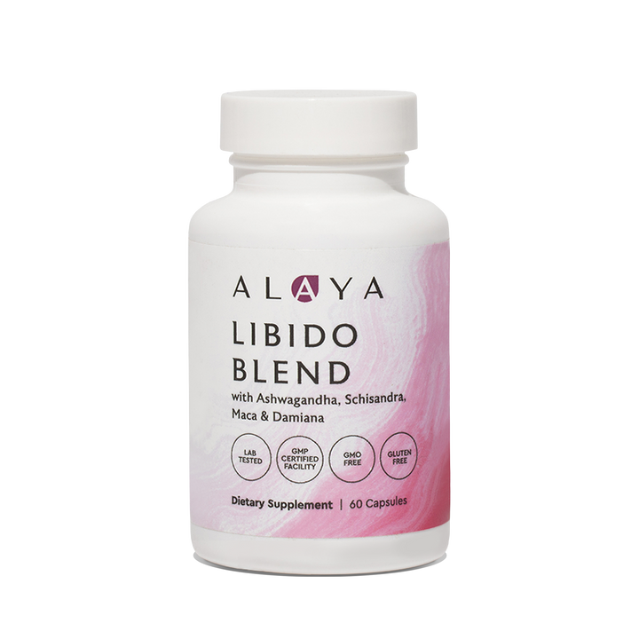 Alaya Libido Blend supplement bottle on a clear background #hide