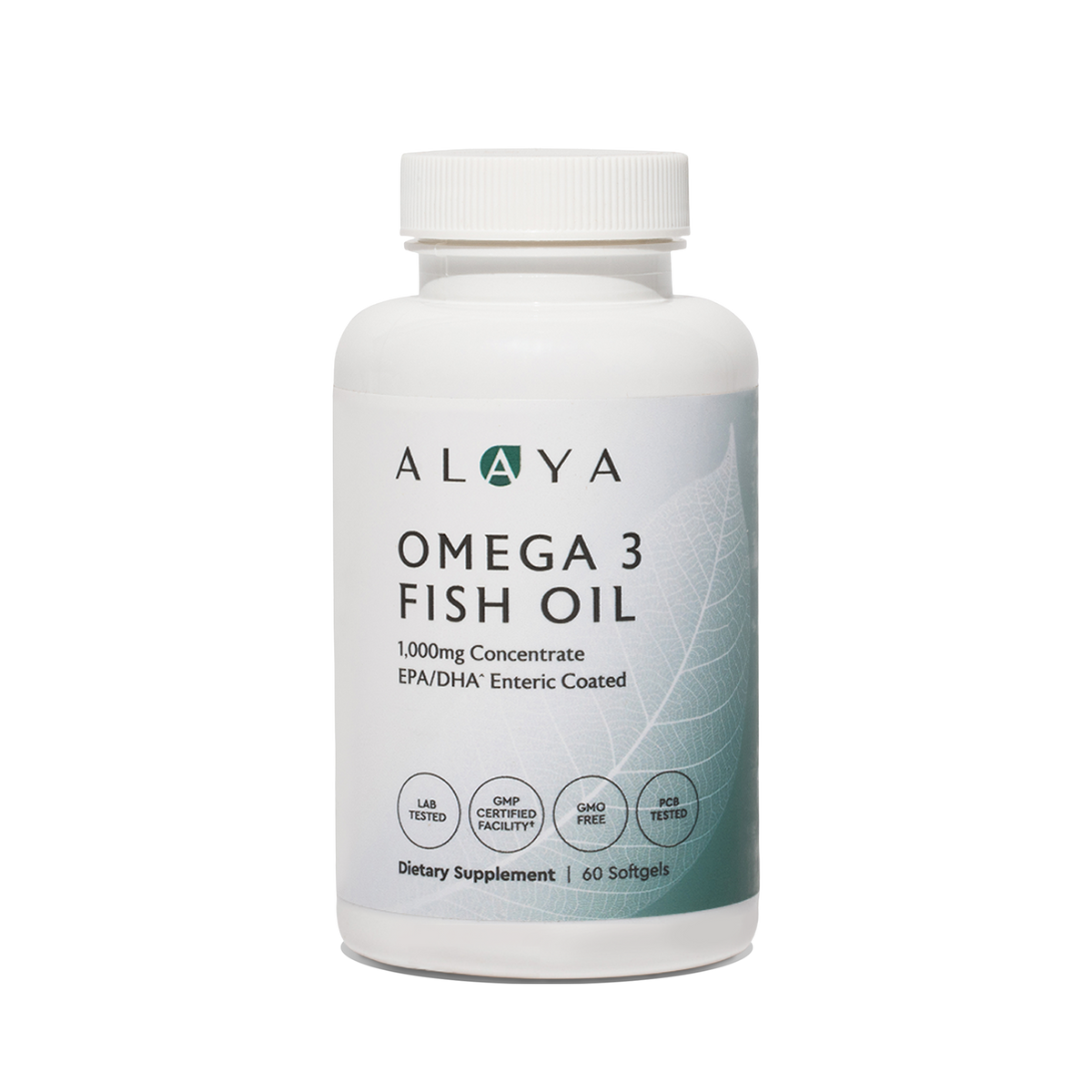 Alaya Omega 3 Fish Oil supplement bottle on a clear background #hide