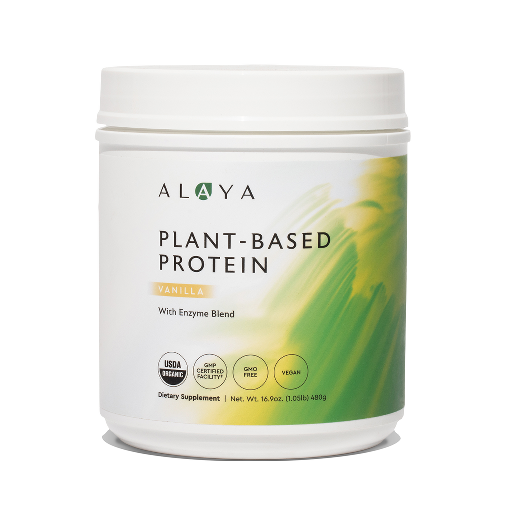 Alaya Plant Protein supplement bottle on a clear background #hide